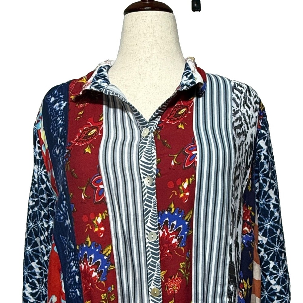 John Mark Top OX=16W Red Blue Patchwork Wire Collar Button Up Artsy Boho Unique